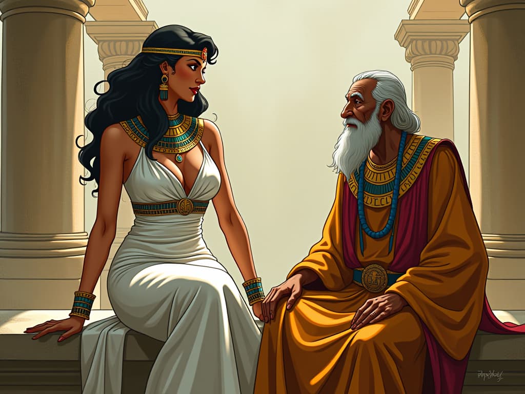  a large busted woman in a tight white gown, sitting on a stone bench, listening intently to an elderly man in traditional egyptian attire, her expression empathetic, symbolizing non judgmental listening. the style is digital art illustration / modern comic book / mysterious occult, symbolic, esoteric vibe,high detail on character design, incorporating ancient egyptian symbology and attire.