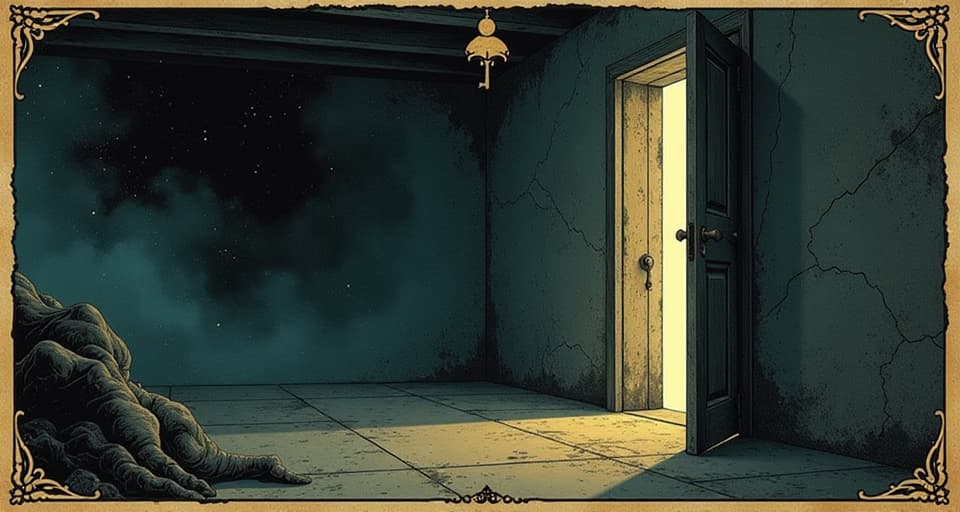  locked door with keyhole, light seeping through, past chapter closed, unyielding decision. an illustration in the style of a worn, mystical old tarot trump card, mysterious and elements of surrealism. the colors are muted, somber and eerie, but with contrast bring out an occult and esoteric vibe.