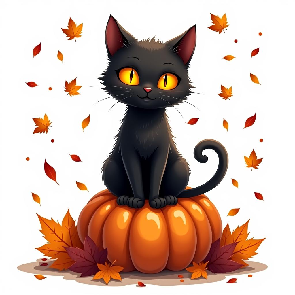  a cute black cat with glowing eyes sitting on a pumpkin, surrounded by swirling autumn leaves in a whimsical style, with warm, moody lighting. t shirt design, vector, contour, white background, no mockup hyperrealistic, full body, detailed clothing, highly detailed, cinematic lighting, stunningly beautiful, intricate, sharp focus, f/1. 8, 85mm, (centered image composition), (professionally color graded), ((bright soft diffused light)), volumetric fog, trending on instagram, trending on tumblr, HDR 4K, 8K