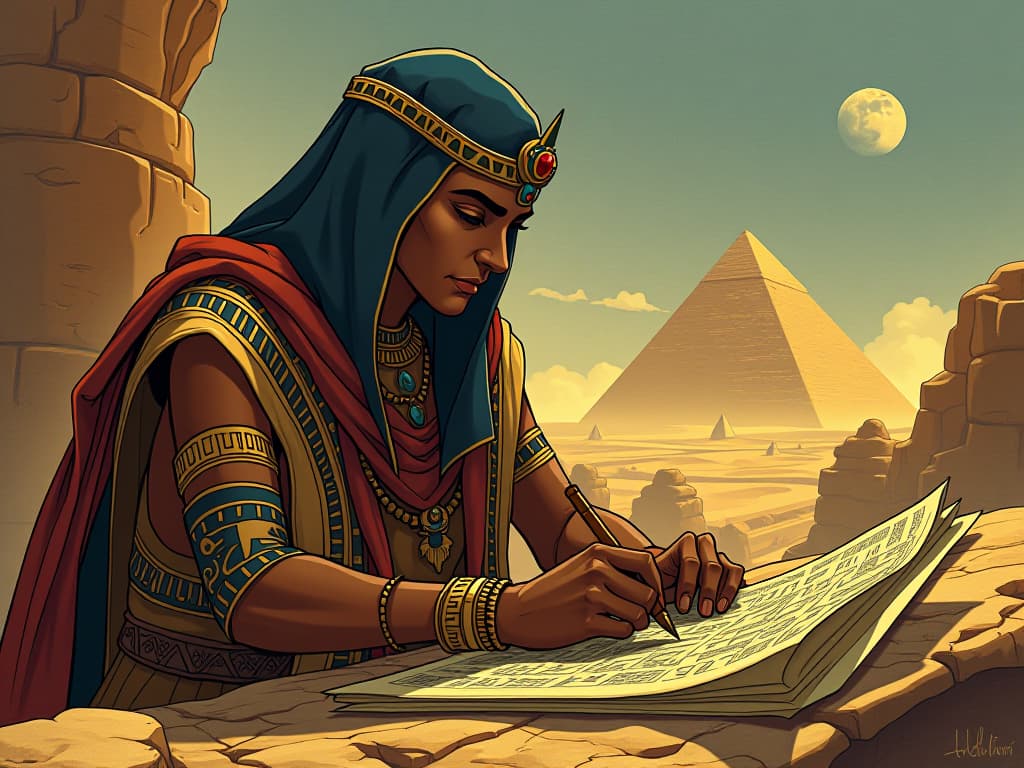  an ancient egyptian scholar, etching hieroglyphs, while being guided by the spirits of the land, mapping the terrain. the style is digital art illustration / modern comic book / mysterious occult, symbolic, esoteric vibe,high detail on character design, incorporating ancient egyptian symbology and attire.