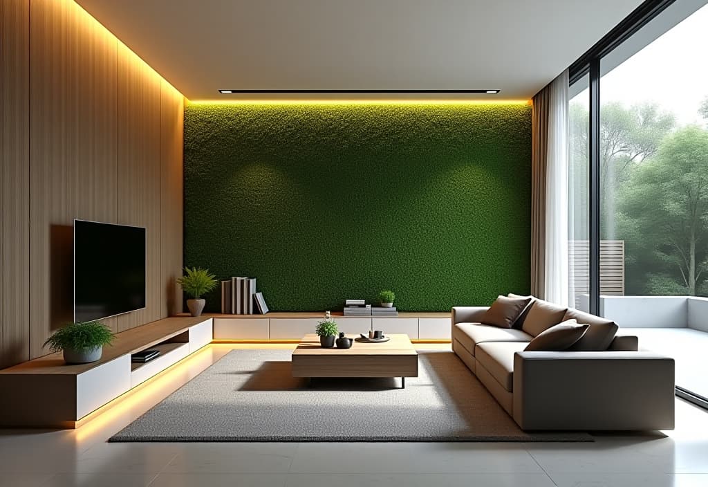  a landscape photo of a minimalist living room with vertical garden walls, sleek modular furniture, and hidden storage solutions, showcasing a perfect blend of form and function hyperrealistic, full body, detailed clothing, highly detailed, cinematic lighting, stunningly beautiful, intricate, sharp focus, f/1. 8, 85mm, (centered image composition), (professionally color graded), ((bright soft diffused light)), volumetric fog, trending on instagram, trending on tumblr, HDR 4K, 8K