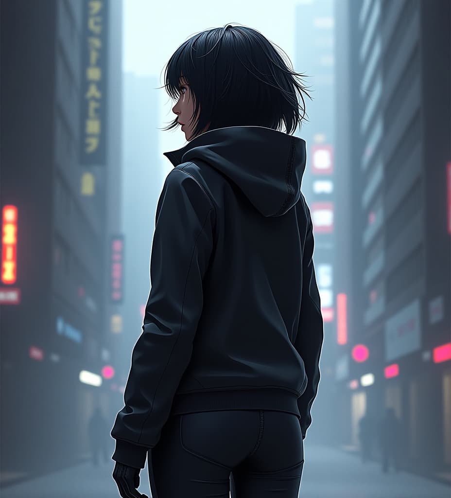  full view of woman with black hair, wearing futuristic clothes and a hoodie by craig mullins, ilya kuvshinov, krenz cushart, artgerm trending on artstation by edward hopper and dan mumford and wlop and rutkovsky, unreal engine 5, lumen, nanite