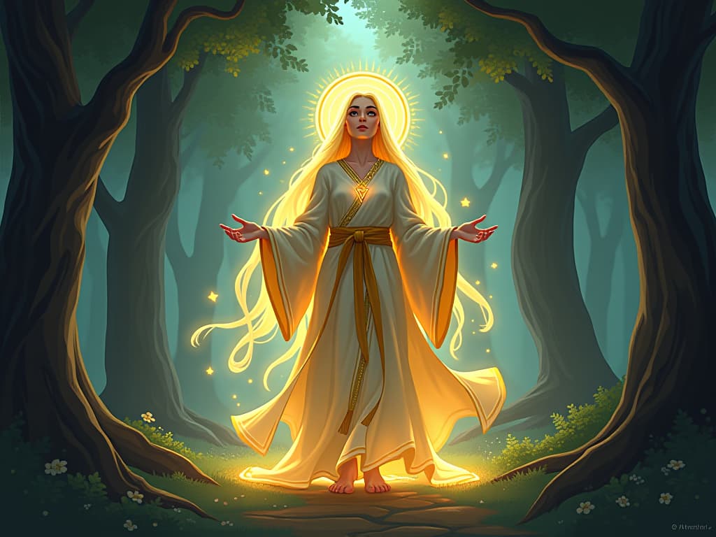  radiant being with glowing script, flowing robes, standing in an illuminated grove, aura of purpose and divine intention. the style is digital art illustration,highly detailed, whimsical,magical, dreamlike atmosphere, realism and fantasy blend, smooth, glossy textures,luminous quality, wonder and enchantment.