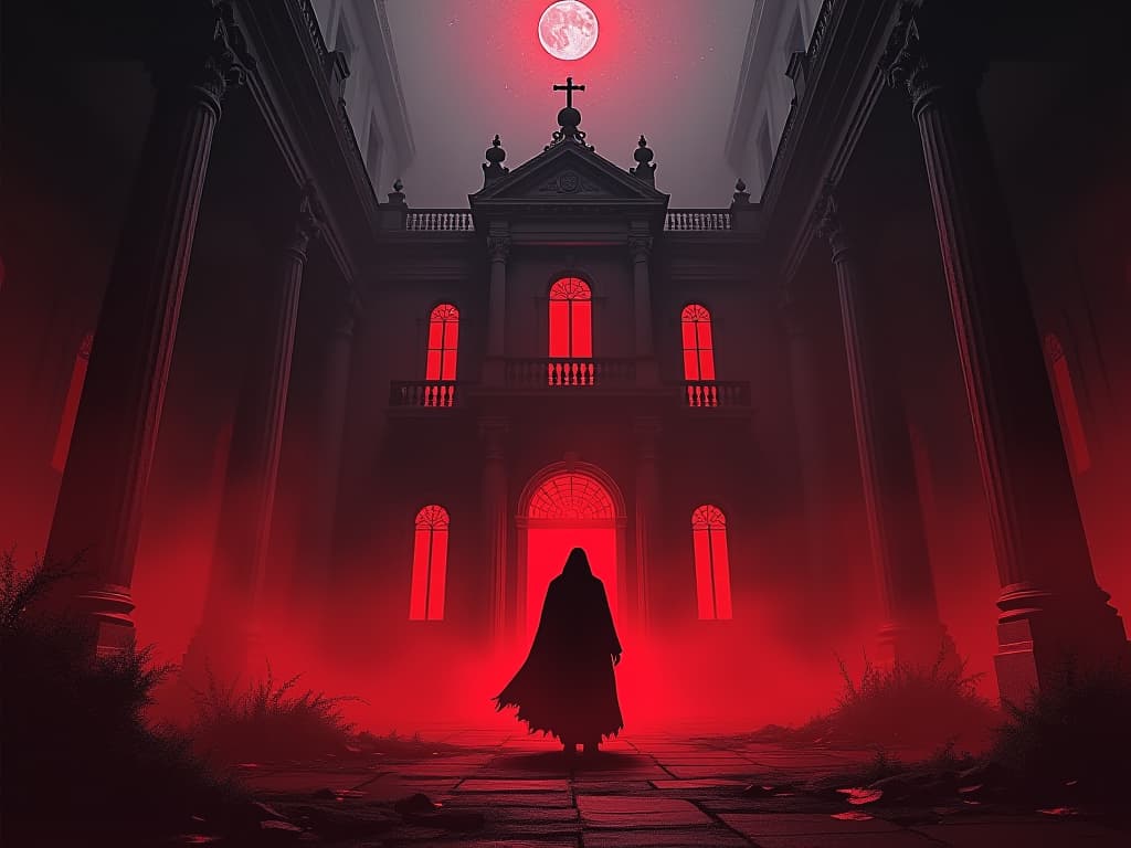  red ethereal mist, seeping into a grand mansion, swirling through halls, mood of pervasive decay. the style is digital art illustration / modern comic book / graphic dark novel fantasy and mysterious occult, symbolic, moody lighting, esoteric vibe,high detail on character design. for the color scheme emphasize blacks and reds.