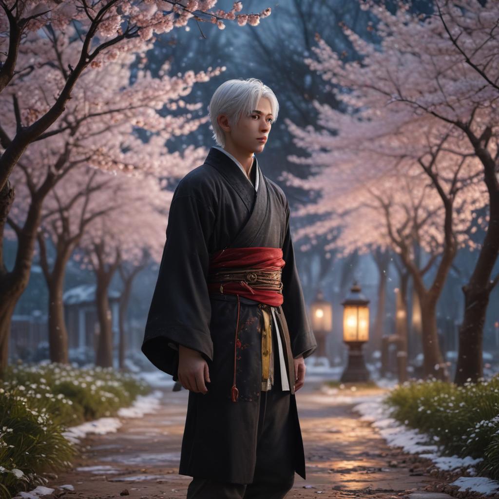 ((masterpiece)),(((best quality))), 8k, high detailed, ultra detailed,A boy with snow white hair, Meguro Ren kun, standing in a serene winter landscape, surrounded by cherry blossom trees in full bloom, a gentle snowfall covering the ground, a magical glowing lantern illuminating the scene hyperrealistic, full body, detailed clothing, highly detailed, cinematic lighting, stunningly beautiful, intricate, sharp focus, f/1. 8, 85mm, (centered image composition), (professionally color graded), ((bright soft diffused light)), volumetric fog, trending on instagram, trending on tumblr, HDR 4K, 8K