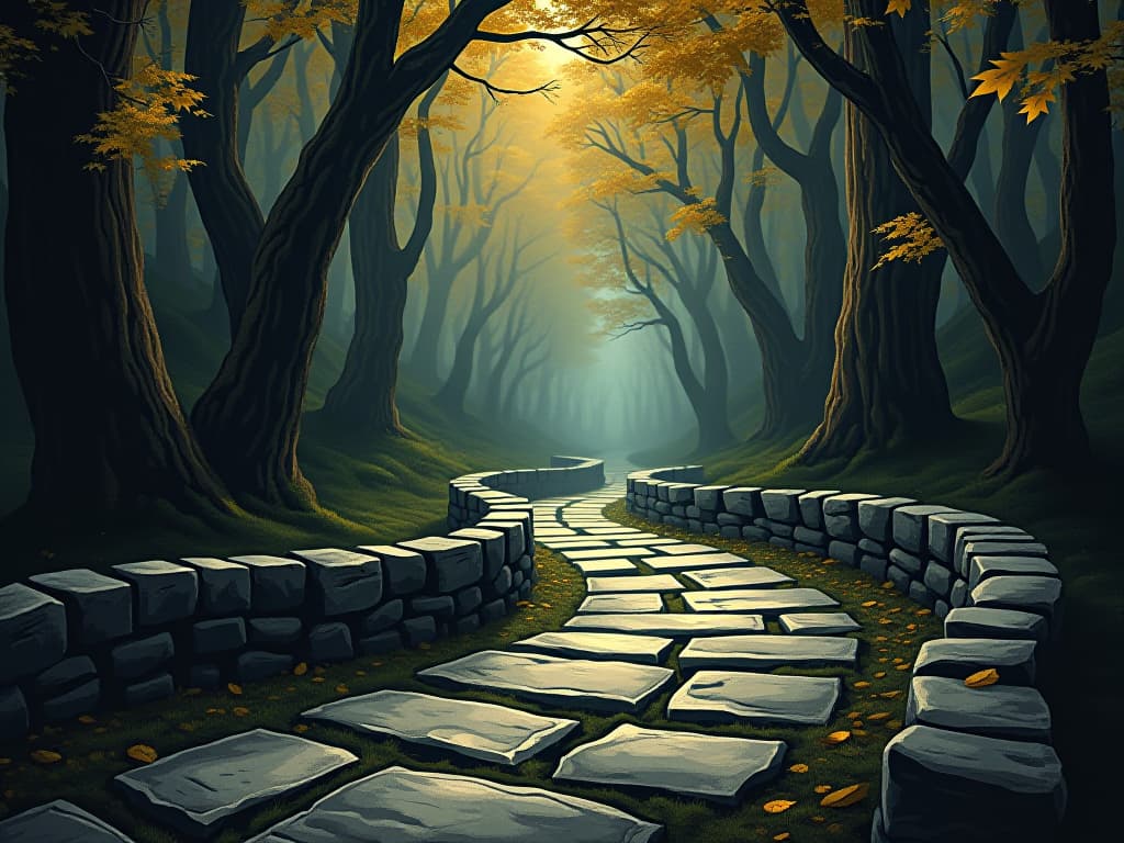  ancient stone pathway, weathered but sturdy, winding through a dense forest, trees with golden leaves framing the path, mystical glow, sense of purpose and determination. an illustration in the style of a worn, mystical old tarot trump card, mysterious and elements of surrealism. the colors are muted, somber and eerie, but with contrast bring out an occult and esoteric vibe.