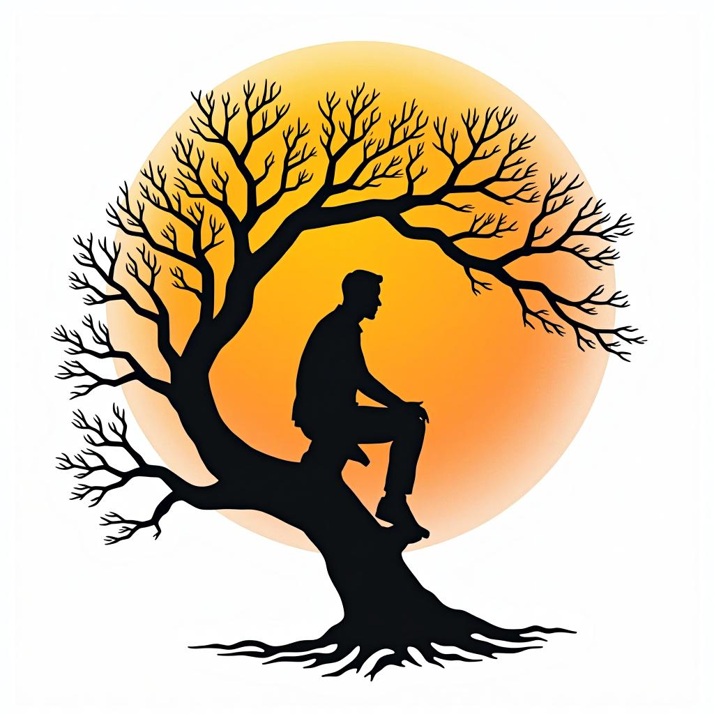  design a logo, realistic man sitting on branches black silhouette, yellow branches, black tree' white background, orange sun