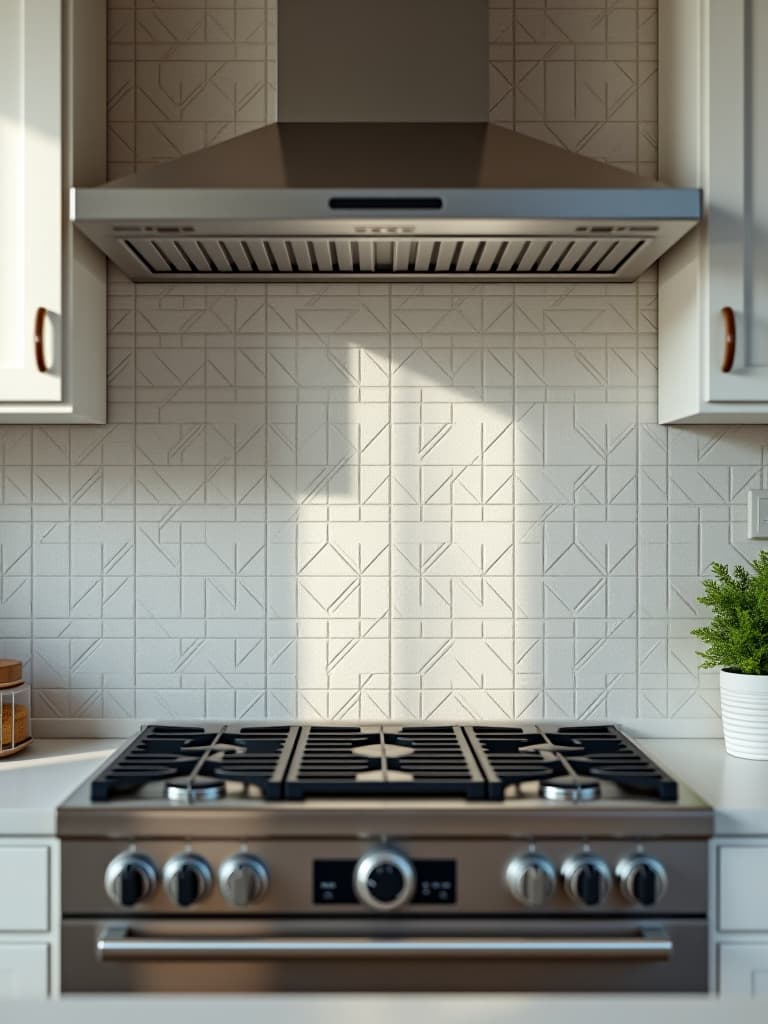  high quality portrait photo of a close up view of a white kitchen backsplash with intricate tile patterns, contrasting grout, and a gleaming stainless steel range hood, captured in natural light hyperrealistic, full body, detailed clothing, highly detailed, cinematic lighting, stunningly beautiful, intricate, sharp focus, f/1. 8, 85mm, (centered image composition), (professionally color graded), ((bright soft diffused light)), volumetric fog, trending on instagram, trending on tumblr, HDR 4K, 8K