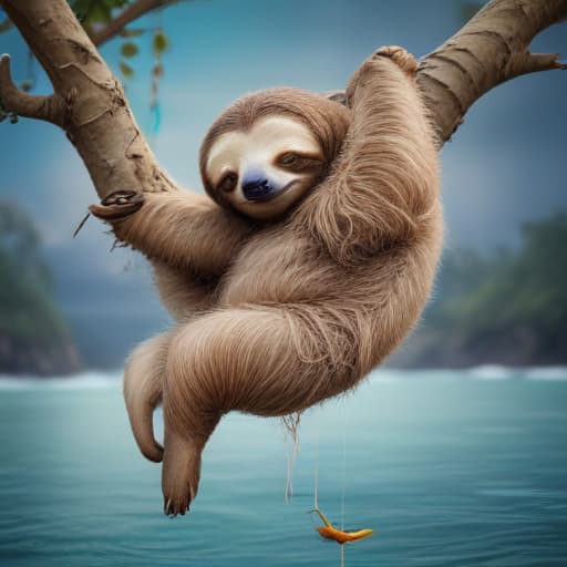 A sleepy sloth hanging from a fantastical, abstract tree branch. with Oceans background