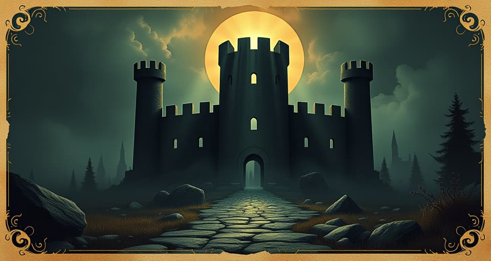  a dark, imposing fortress, built from shadows and lies, crumbling from beams of light penetrating its walls, aura of decay and defiance. an illustration in the style of a worn, mystical old tarot trump card, mysterious and elements of surrealism. the colors are muted, somber and eerie, but with contrast bring out an occult and esoteric vibe.