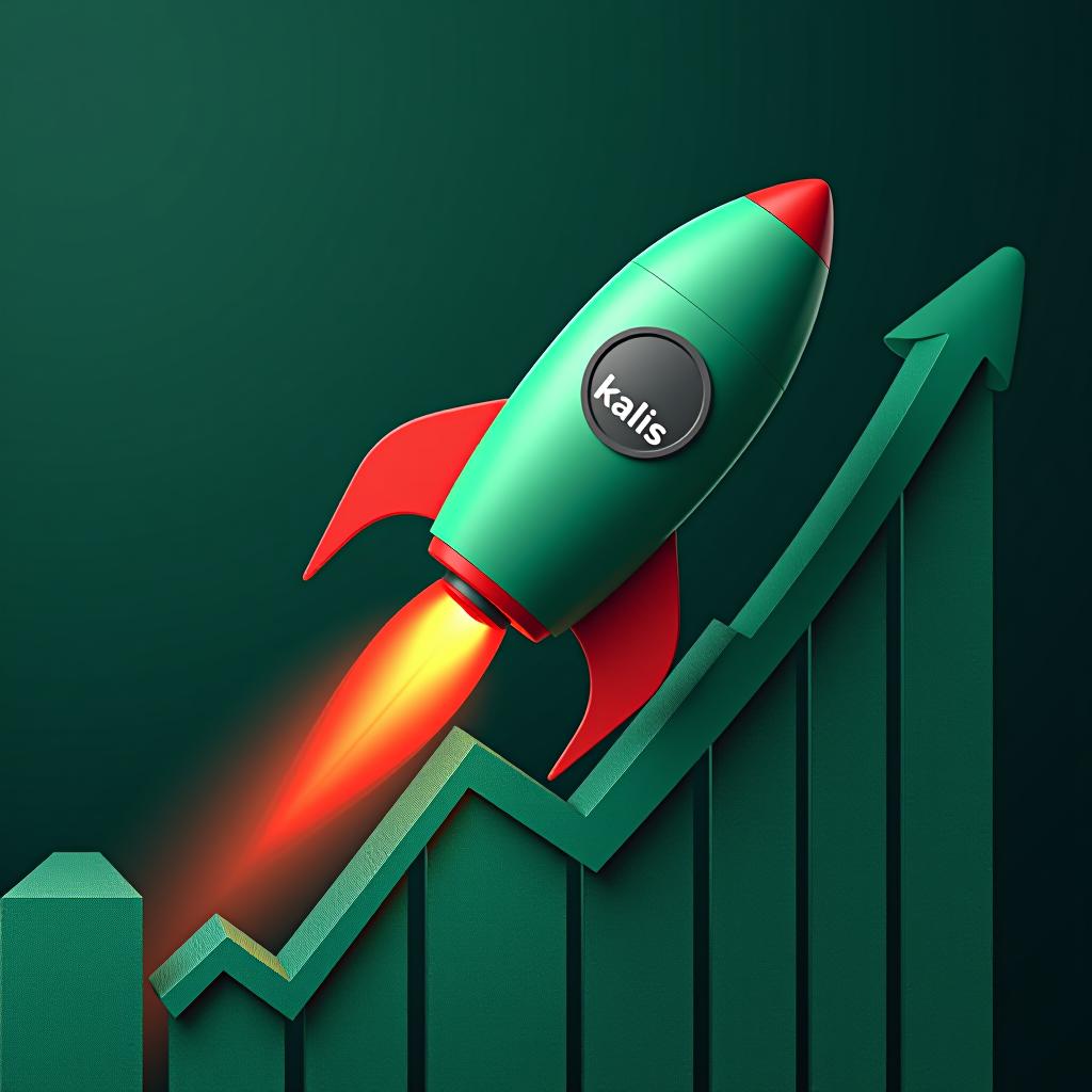  a rocket on a graph green upward trend. on the rocket the word 'kalis' is written