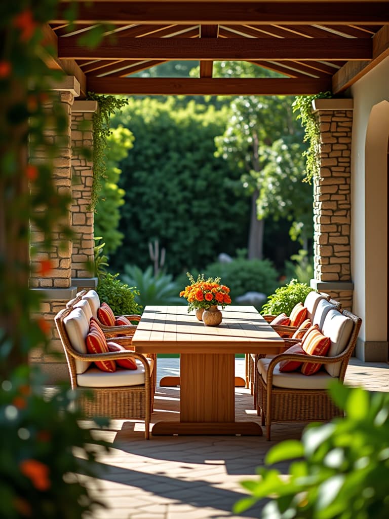  high quality portrait photo of a sun drenched patio with durable wicker furniture, plush weather resistant cushions, and a sturdy teak dining table, set against a lush garden backdrop hyperrealistic, full body, detailed clothing, highly detailed, cinematic lighting, stunningly beautiful, intricate, sharp focus, f/1. 8, 85mm, (centered image composition), (professionally color graded), ((bright soft diffused light)), volumetric fog, trending on instagram, trending on tumblr, HDR 4K, 8K