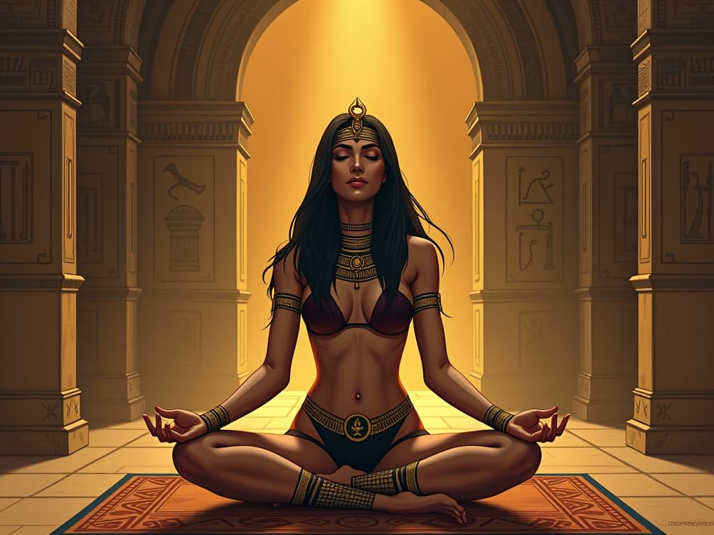  a sacred chamber with hieroglyphs on the walls, an egyptian priestess in sheer, form fitting garments, in deep meditation, aura of profound self discovery. the style is digital art illustration / modern comic book / mysterious occult, symbolic, esoteric vibe,high detail on character design, incorporating ancient egyptian symbology and attire.