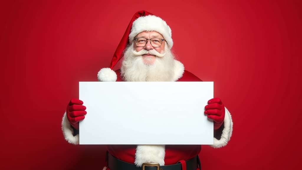  santa claus cheerfully holds a blank sign against a red background, perfect for holiday advertising with ample copy space. christmas background. mock up ar 16:9 {prompt}, maximum details