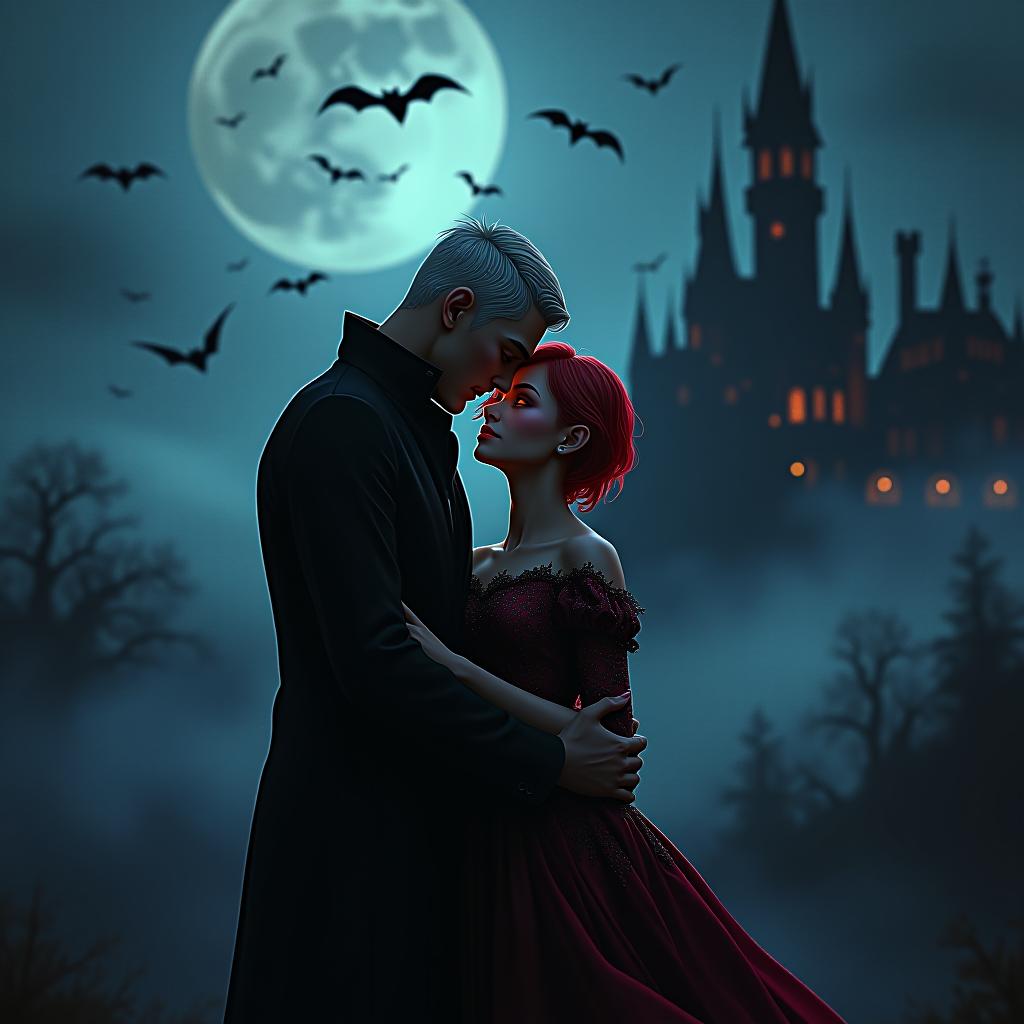  art, a vampire couple in love, at night against the background of a gothic castle, bats are flying in the sky, a guy stands behind and hugs a girl around the waist, a girl has short red hair, a guy has short white hair, they eyes are burning hyperrealistic, full body, detailed clothing, highly detailed, cinematic lighting, stunningly beautiful, intricate, sharp focus, f/1. 8, 85mm, (centered image composition), (professionally color graded), ((bright soft diffused light)), volumetric fog, trending on instagram, trending on tumblr, HDR 4K, 8K