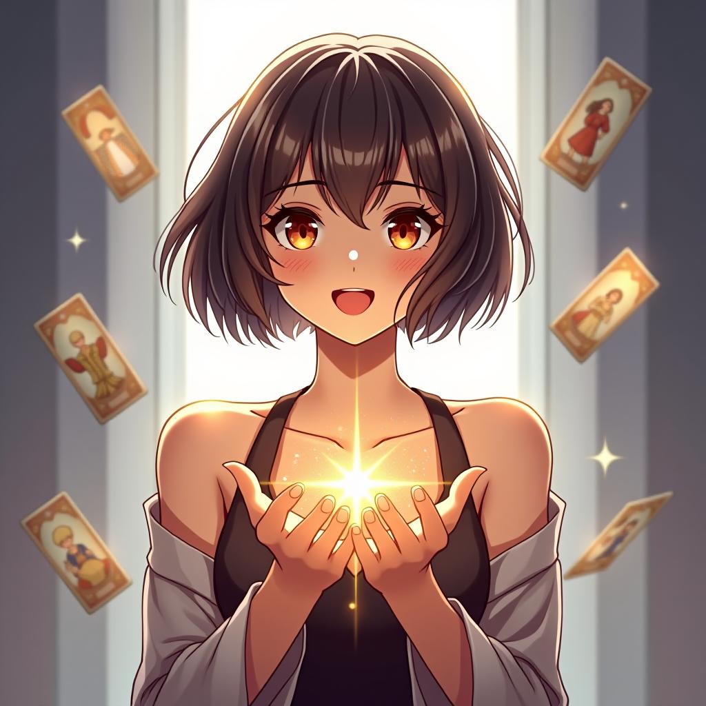  a realistic girl with short hair is in front of a beautiful light background, with sparkles in her hands and tarot cards flying around.