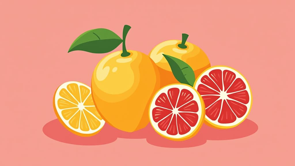  stylized vector art of citrus fruit on a pink background.