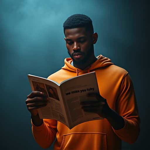  a basketball player reading a magazine, where the magazine has 'we miss you toby' hyperrealistic, full body, detailed clothing, highly detailed, cinematic lighting, stunningly beautiful, intricate, sharp focus, f/1. 8, 85mm, (centered image composition), (professionally color graded), ((bright soft diffused light)), volumetric fog, trending on instagram, trending on tumblr, HDR 4K, 8K