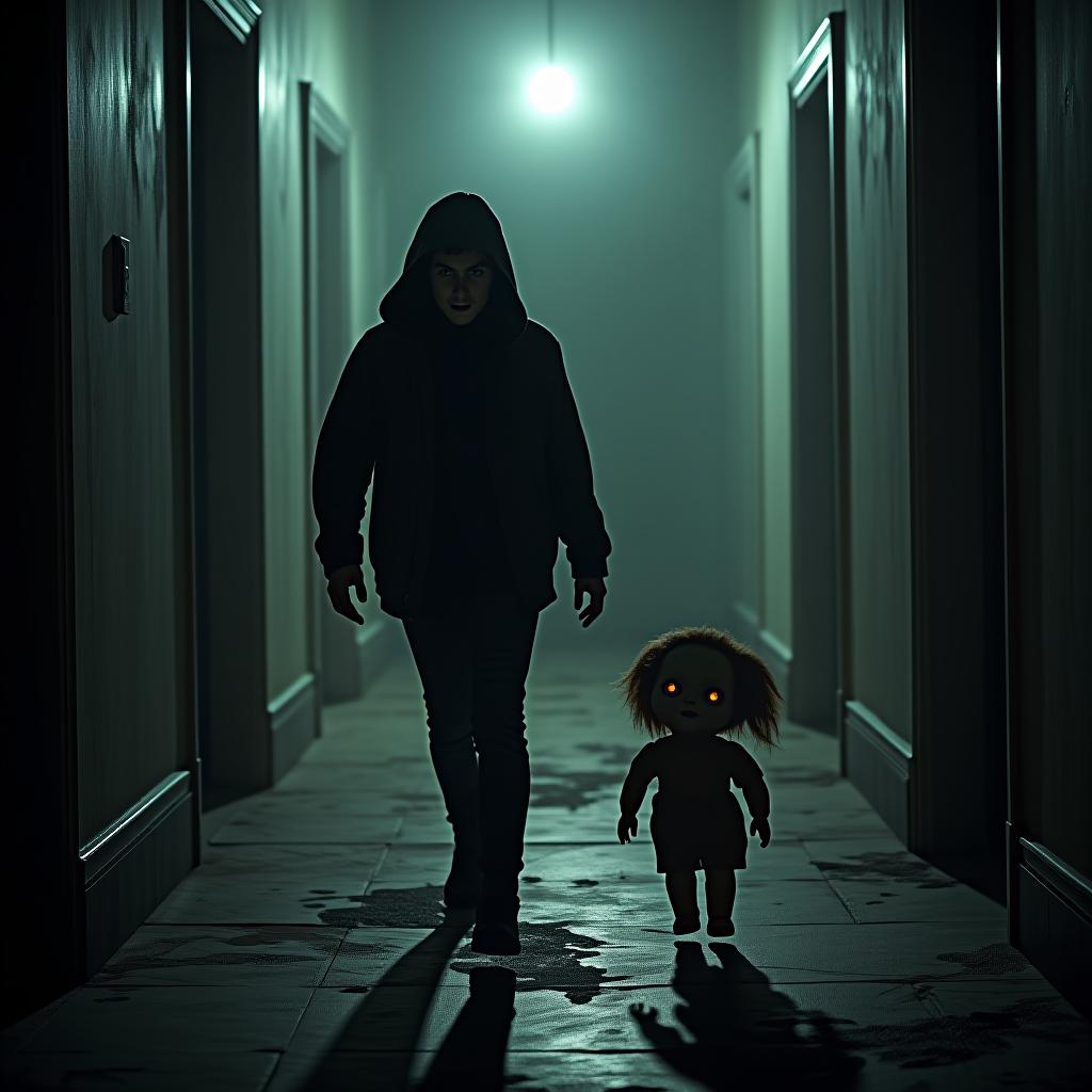  create a high quality, photorealistic image that vividly depicts the following scene: in a dilapidated, eerie mansion, a bold adventurer with piercing eyes and an unflinching expression awkwardly stumbles upon a disturbingly sinister doll, its large, soulless eyes gleaming in the dim, ghostly light. in the background, a maze like hallway shrouded in darkness twists and turns, full of looming shadows and paralyzing dread. the scene is depicted with chilling realism, stark contrasts, and faint, eerie luminescence, captured on a red 8k camera helium, with schneider kreuznach xenon f/1.2 lens, iso 800, 1/60s, retaining the horrible beauty in its raw, unedited essence. the image should: focus on the specific actions, emotions, an hyperrealistic, full body, detailed clothing, highly detailed, cinematic lighting, stunningly beautiful, intricate, sharp focus, f/1. 8, 85mm, (centered image composition), (professionally color graded), ((bright soft diffused light)), volumetric fog, trending on instagram, trending on tumblr, HDR 4K, 8K