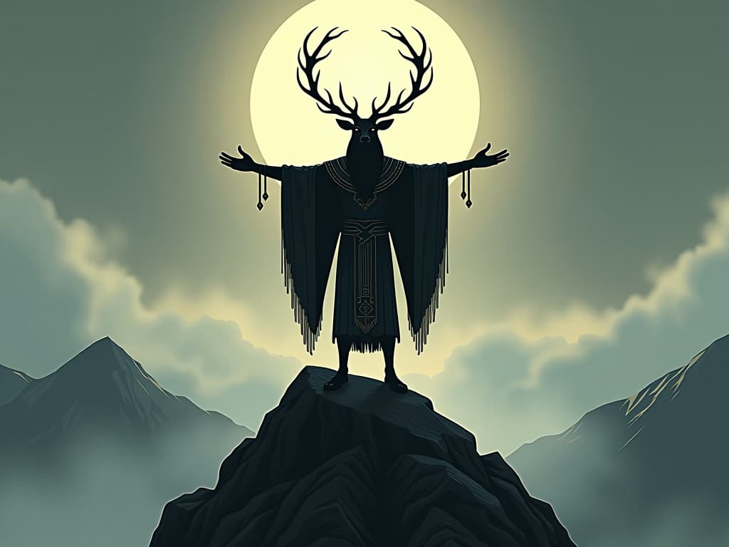  black elk standing on a mountain peak, arms extended, surrounded by an ethereal mist, symbolizing deep spiritual connection. the style is digital art illustration / modern comic book / mysterious occult, symbolic, esoteric vibe,high detail on character design, incorporating ancient egyptian symbology and attire.