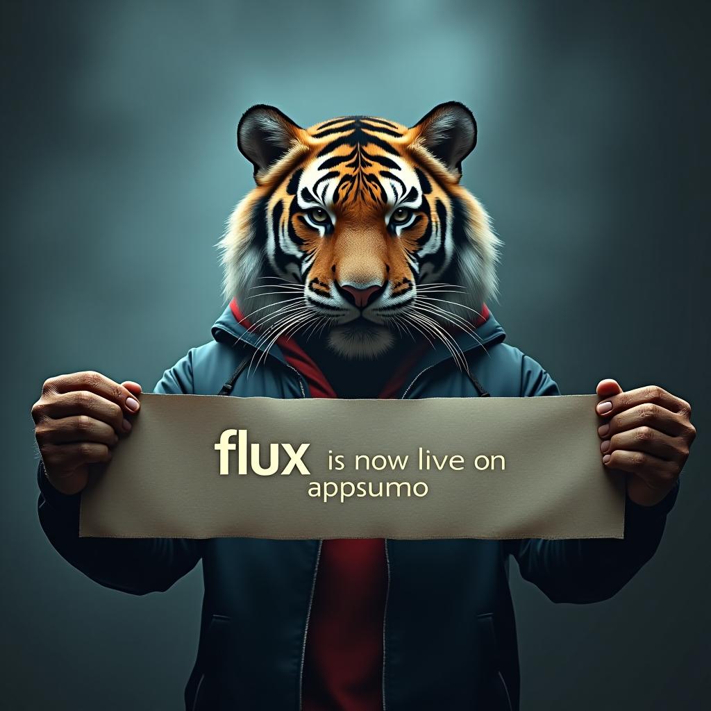  tiger holding banner saying 'flux is now live on appsumo' hyperrealistic, full body, detailed clothing, highly detailed, cinematic lighting, stunningly beautiful, intricate, sharp focus, f/1. 8, 85mm, (centered image composition), (professionally color graded), ((bright soft diffused light)), volumetric fog, trending on instagram, trending on tumblr, HDR 4K, 8K