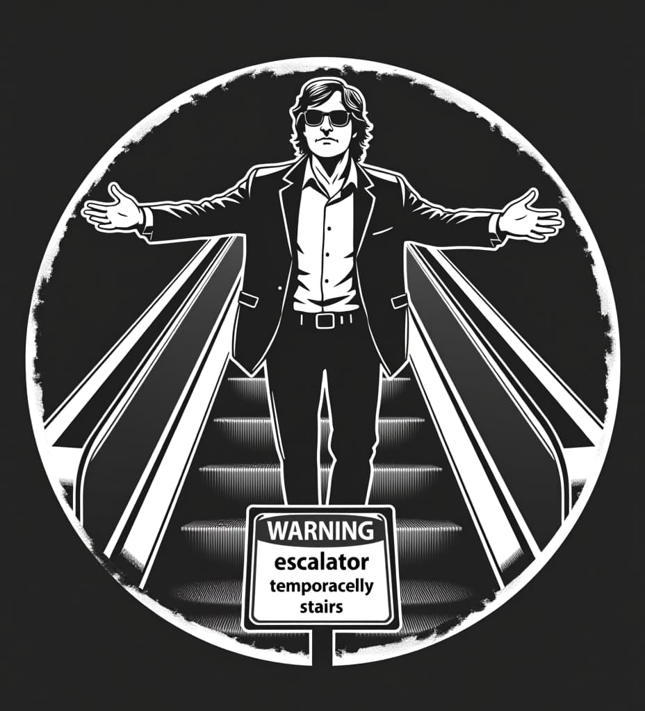  a retro styled, distressed black and white circular vector style logo of mitch hedberg standing on an escalator wearing aviator sunglasses and shrugging his shoulders. there is a warning sign sandwich board in front of the escalator that says ”escalator temporarily stairs"