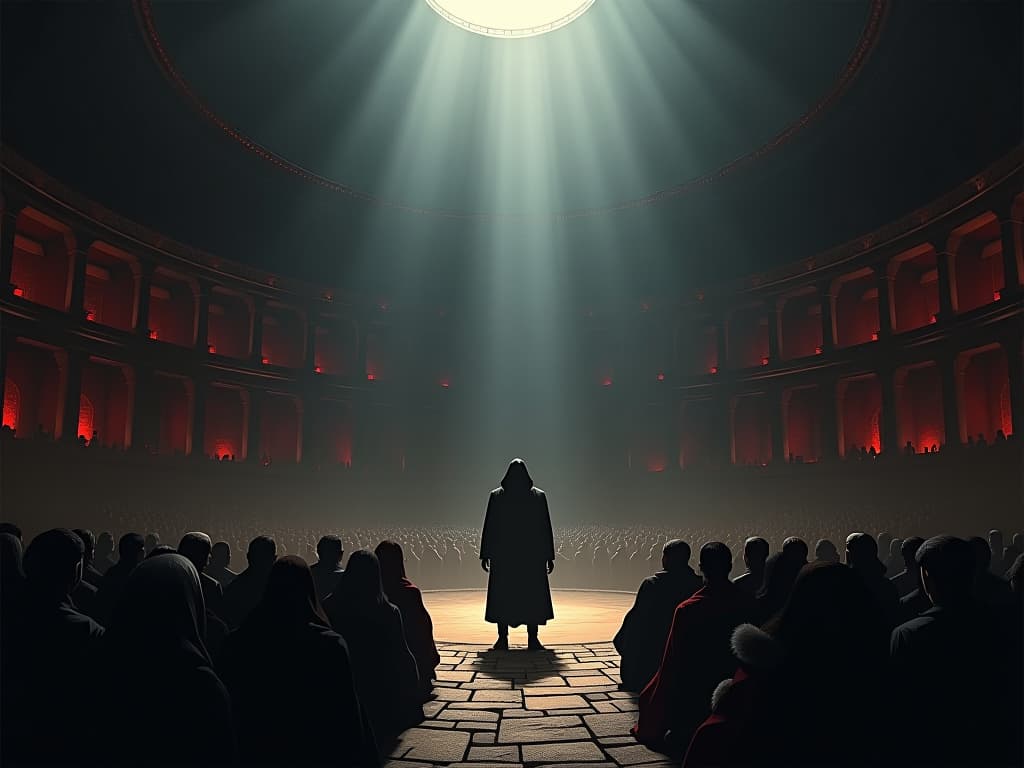  ancient coliseum, shadowy audience, central figure in spotlight, palpable tension and desperate need for acceptance. the style is dark fantasy and mysterious occult, symbolic, moody lighting, esoteric vibe,high detail on character design. for the color scheme emphasize blacks and reds.