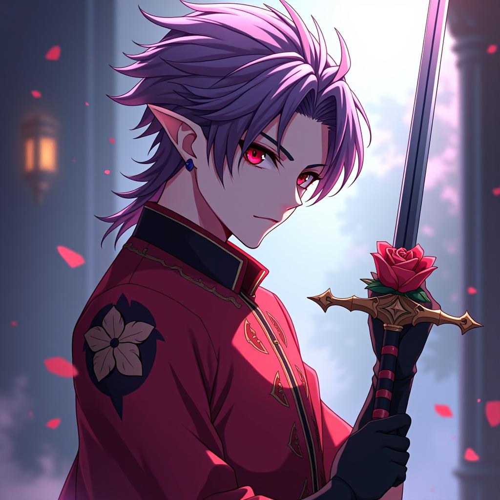  anime artwork a dark elf male bandit holding in his right hand a rapier with a guard in the shape of a rose flower from the bud of which the blade comes out, his face is turned straight marble white skin, purple scarlet hair, lavender eyes with a red tint, dressed in a red violet shirt embroidered with red gold over the shirt wears , hairstyle in the style of hedgehog hair. an earring in ear, in the shape of a month. the crescent moon tattoo . anime style, key visual, vibrant, studio anime, highly detailed hyperrealistic, full body, detailed clothing, highly detailed, cinematic lighting, stunningly beautiful, intricate, sharp focus, f/1. 8, 85mm, (centered image composition), (professionally color graded), ((bright soft diffused light)), volumetric fog, trending on instagram, trending on tumblr, HDR 4K, 8K