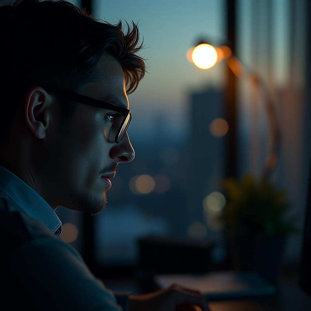  create a high quality, photorealistic image that vividly depicts the following scene: intense close up of a bright eyed entrepreneur, deep in thought, framed in the dimly lit minimalistic home office. the warm, soft setting moonlight filters in from an open window, hinting at long hours spent on the brink of innovation. in the backdrop, a sleek holographic screen captures a vague silhouette of a developing saas mvp. the visible excitement in his gaze aligns with the pulsating luminescence of the software, reflecting in his glasses. a portrayal of determination, vision, and forthcoming triumph, captured in nikon z7ii, f/1.8, iso 800, 1/60s, 45.7mp, raw, unedited, with a profound depth of field, set in a color palette of monochromatic bl hyperrealistic, full body, detailed clothing, highly detailed, cinematic lighting, stunningly beautiful, intricate, sharp focus, f/1. 8, 85mm, (centered image composition), (professionally color graded), ((bright soft diffused light)), volumetric fog, trending on instagram, trending on tumblr, HDR 4K, 8K