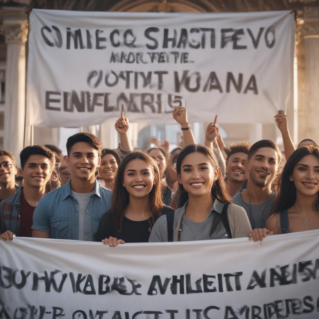 A group of diverse young individuals, standing confidently with smiles on their faces, holding up a banner that reads "Youth Empowerment" in front of a backdrop of the Caraguatatuba City Hall. The scene captures the energy and enthusiasm of the youth at the Municipal Youth Council inauguration.ultra-detailed, 4k hyperrealistic, full body, detailed clothing, highly detailed, cinematic lighting, stunningly beautiful, intricate, sharp focus, f/1. 8, 85mm, (centered image composition), (professionally color graded), ((bright soft diffused light)), volumetric fog, trending on instagram, trending on tumblr, HDR 4K, 8K