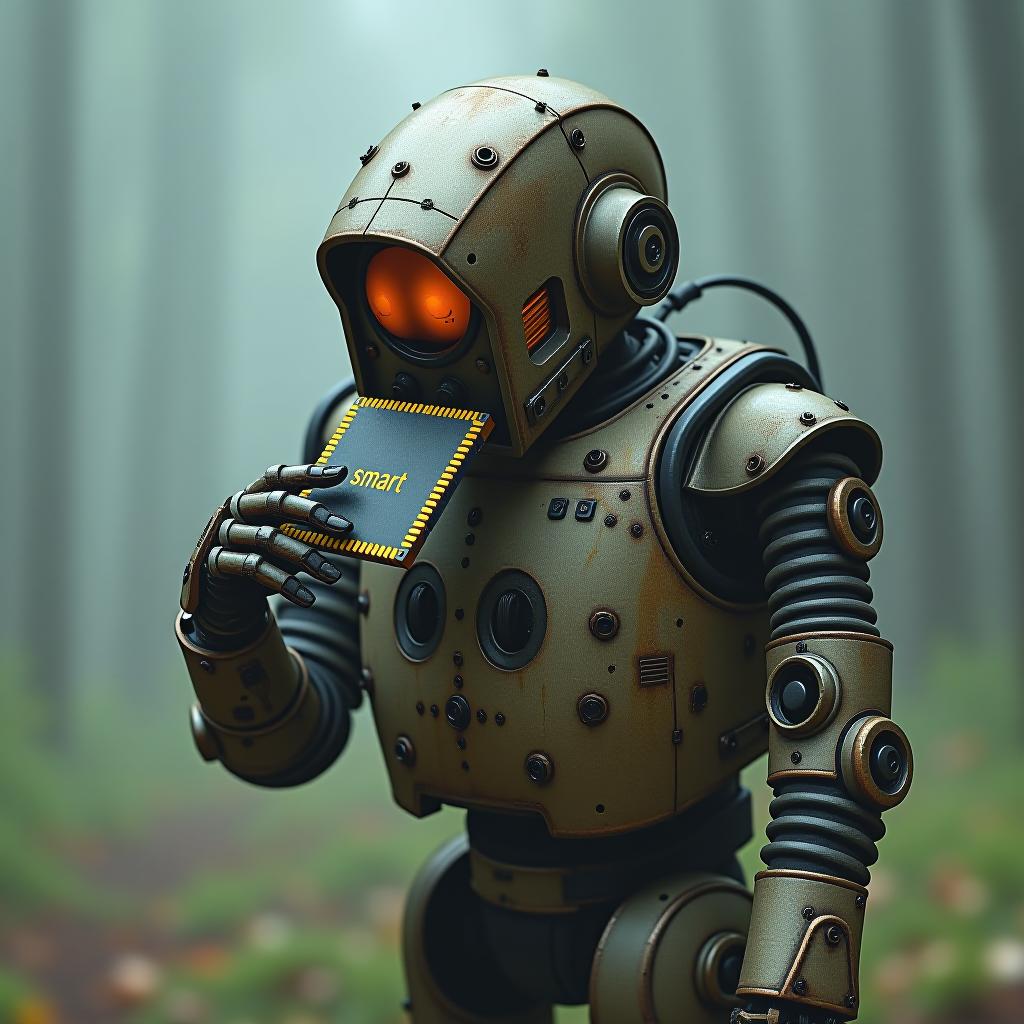  chewing long microchip that has "smart" printed on it, a obese rusty robot hyperrealistic, full body, detailed clothing, highly detailed, cinematic lighting, stunningly beautiful, intricate, sharp focus, f/1. 8, 85mm, (centered image composition), (professionally color graded), ((bright soft diffused light)), volumetric fog, trending on instagram, trending on tumblr, HDR 4K, 8K