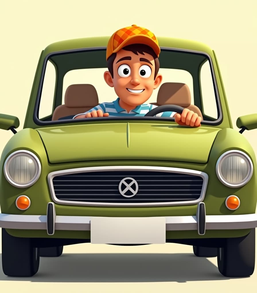  the illustration shows a man driving an olive green car. the car, located in the center of the image, has a simplified design with round headlights, a protruding criss cross radiator grille and a white rectangular license plate. the driver, pictured slightly to the right in front, has light peach skin and short brown hair. he is wearing a yellow orange checkered baseball cap, tilted to the left, and a blue and white horizontal striped shirt. this man has large, expressive white eyes and a slightly narrowed gaze that gives him a cheerful, mischievous expression. his right hand rests on the steering wheel, while his left hand appears to be on the gearshift lever. the steering wheel is grey with a black center, and the dashboard is visible beh hyperrealistic, full body, detailed clothing, highly detailed, cinematic lighting, stunningly beautiful, intricate, sharp focus, f/1. 8, 85mm, (centered image composition), (professionally color graded), ((bright soft diffused light)), volumetric fog, trending on instagram, trending on tumblr, HDR 4K, 8K