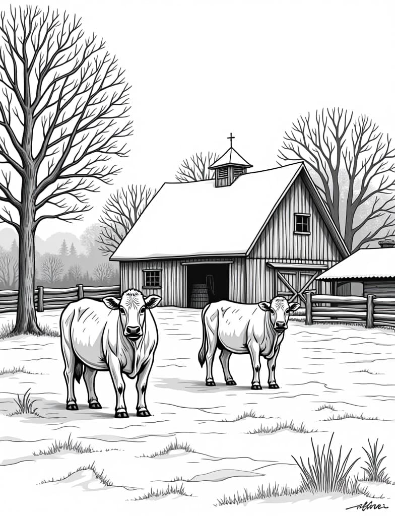  this is for an adult coloring page. a detailed black and white line art of a snowy snow covered farm with cows standing in the barnyard on a solid white background.