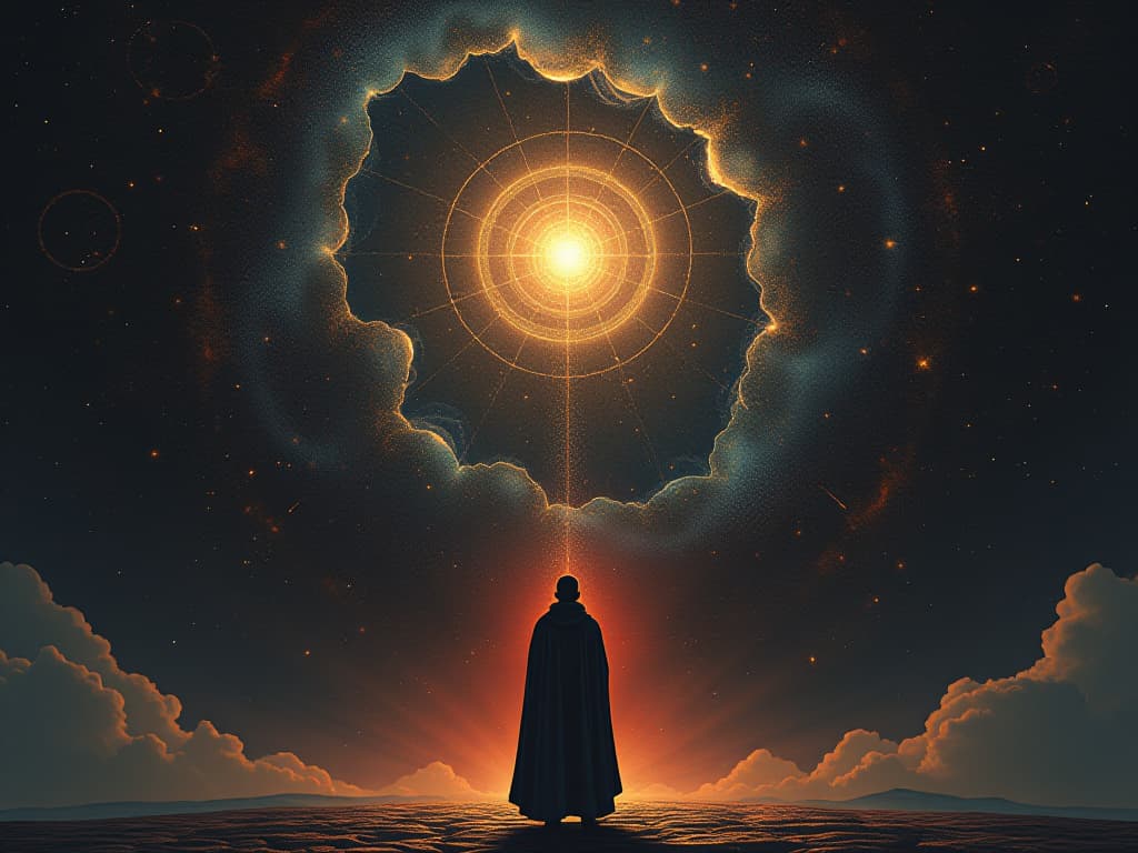  a philosopher standing before a grand cosmic tapestry, symbols of empathy and compassion woven into the stars, soft celestial light, sense of wonder and interconnectedness.. the style is dark fantasy and mysterious occult, symbolic, moody lighting, esoteric vibe,high detail on character design. for the color scheme emphasize blacks and reds.