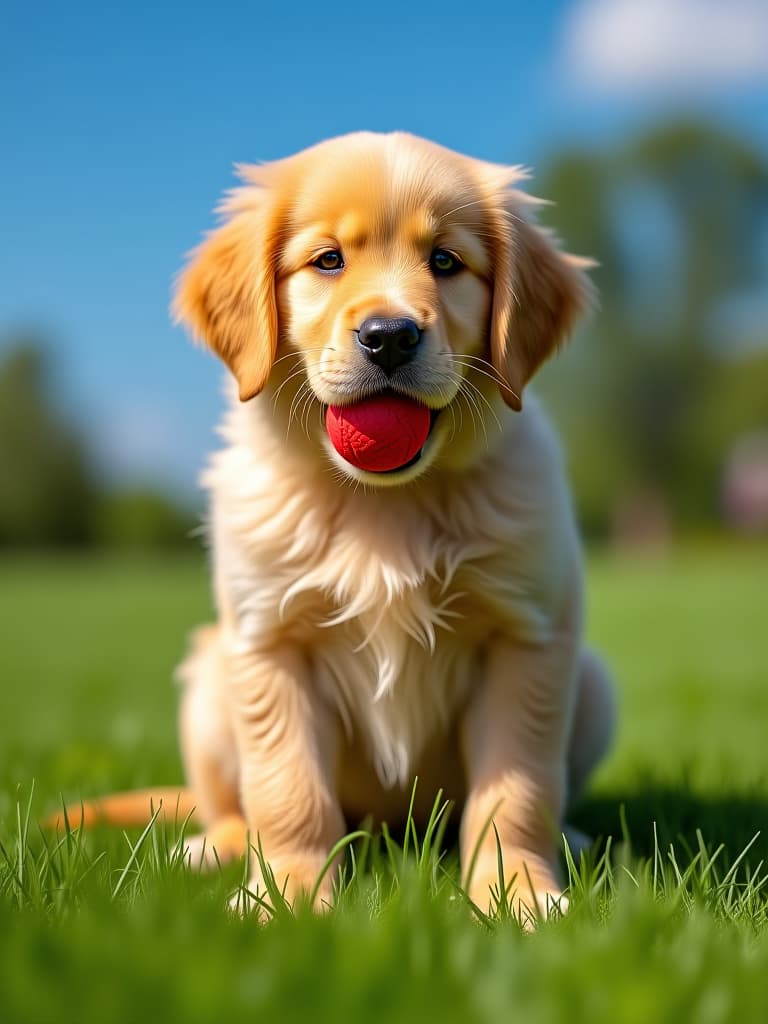  a golden retriever puppy sitting on a lush green lawn, with a red ball in its mouth, under a sunny blue sky. hyperrealistic, full body, detailed clothing, highly detailed, cinematic lighting, stunningly beautiful, intricate, sharp focus, f/1. 8, 85mm, (centered image composition), (professionally color graded), ((bright soft diffused light)), volumetric fog, trending on instagram, trending on tumblr, HDR 4K, 8K