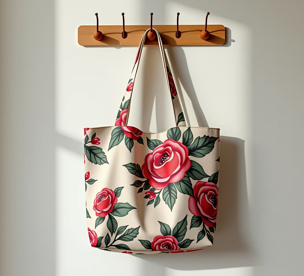  tote bag hanging on wall showing floral pattern design