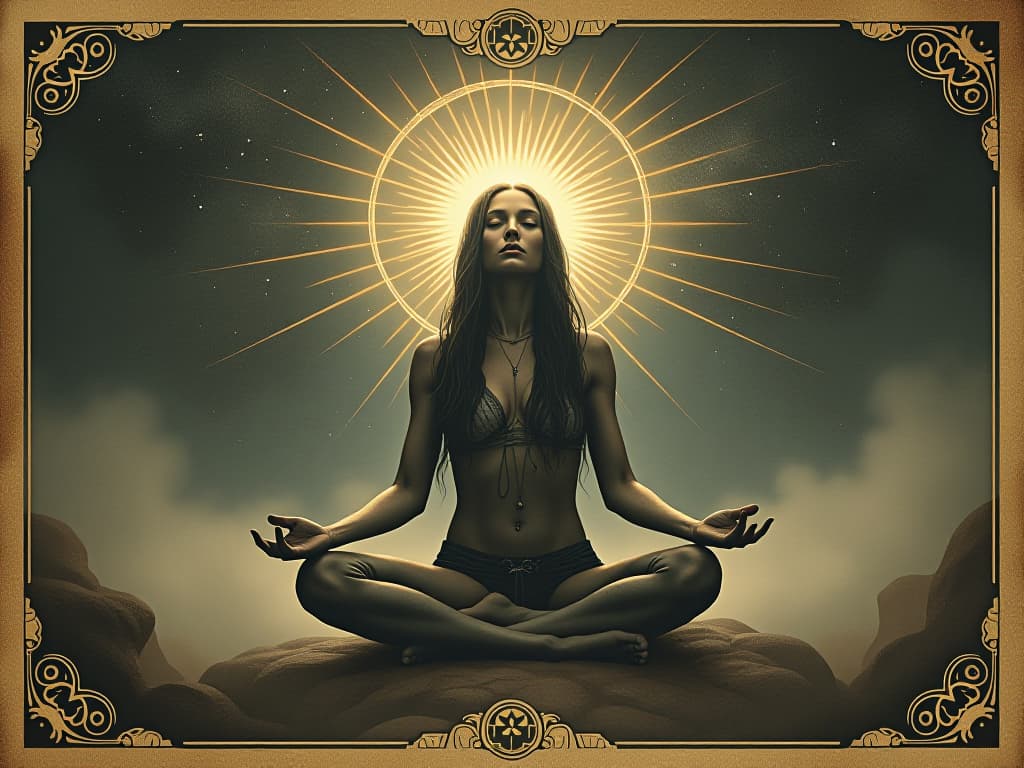  a meditative figure, surrounded by radiant frequencies, soft glow, cosmic alignment, serene and elevating atmosphere. an illustration in the style of a worn, mystical old tarot trump card, mysterious and elements of surrealism. the colors are muted, somber and eerie, but with contrast bring out an occult and esoteric vibe.