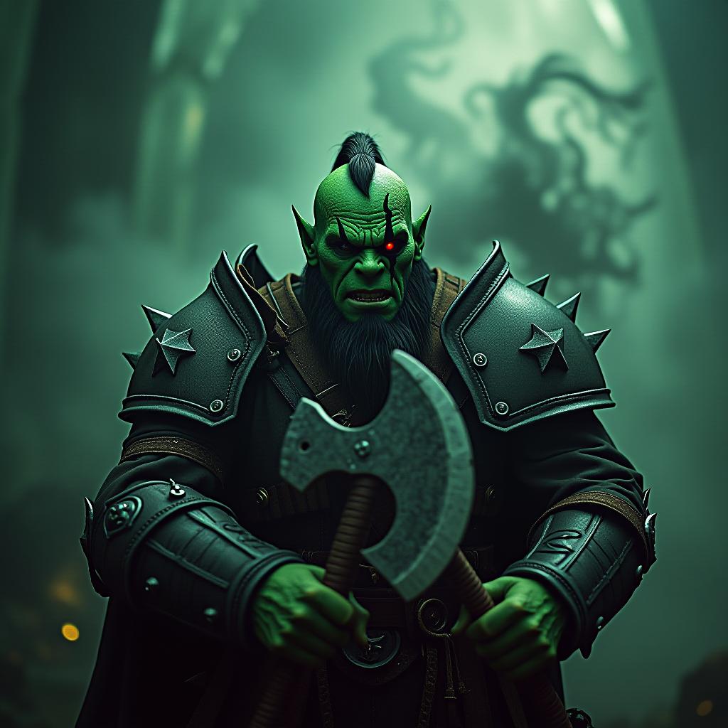  cinematic photo a large green orc in armour with a black tattoo over his eye, a large axe in his hands, swirls of black necrotic energy behind him . 35mm photograph, film, bokeh, professional, 4k, highly detailed