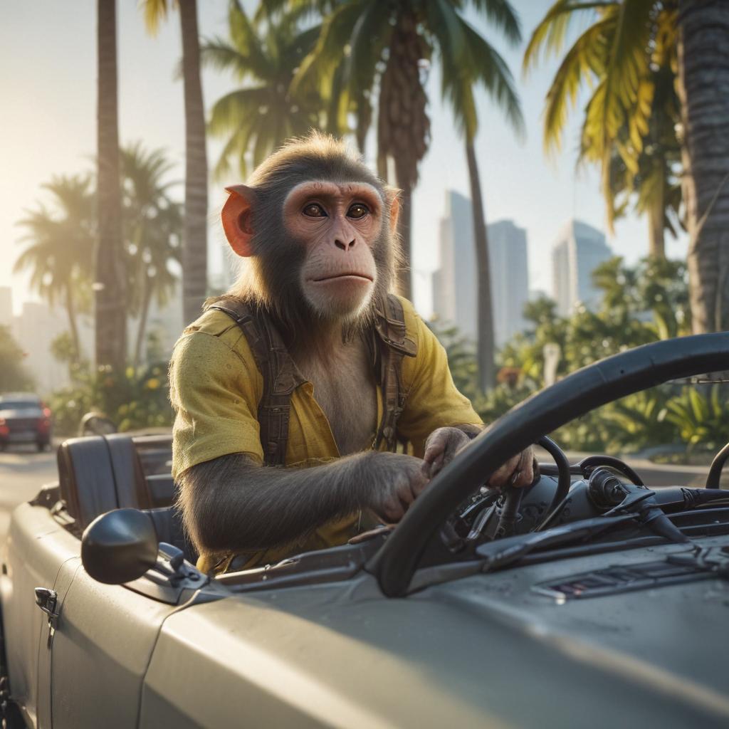 ((masterpiece)),(((best quality))), 8k, high detailed, ultra detailed,A monkey driving a car, banana trees (in the background), sunny day, city skyline hyperrealistic, full body, detailed clothing, highly detailed, cinematic lighting, stunningly beautiful, intricate, sharp focus, f/1. 8, 85mm, (centered image composition), (professionally color graded), ((bright soft diffused light)), volumetric fog, trending on instagram, trending on tumblr, HDR 4K, 8K