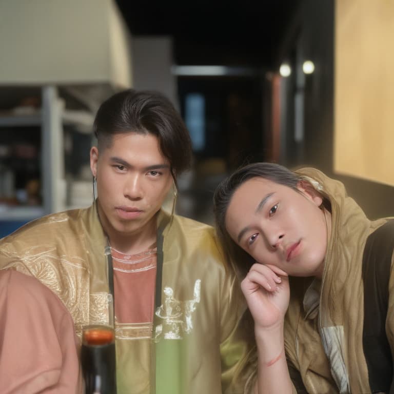 Picture them as asian guys hyperrealistic, full body, detailed clothing, highly detailed, cinematic lighting, stunningly beautiful, intricate, sharp focus, f/1. 8, 85mm, (centered image composition), (professionally color graded), ((bright soft diffused light)), volumetric fog, trending on instagram, trending on tumblr, HDR 4K, 8K