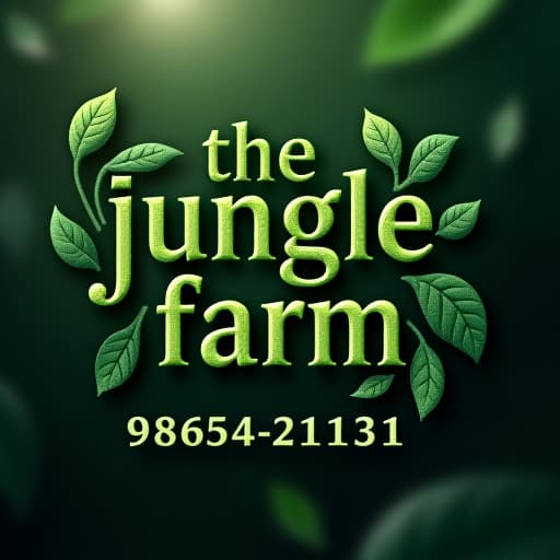  'the junglee farm' logo at the top of the post. the logo features a bold, serif font with slightly curved edges, rendered in a deep green color with a subtle texture, giving it a natural, wildlife organic feel. the text has a slightly raised, embossed effect, emphasizing its prominence. surround the logo with jungle foliage or leaves to maintain the theme. add text at bottom side "call for booking 97854 21314" font style bold, open sans font, in white colour hyperrealistic, full body, detailed clothing, highly detailed, cinematic lighting, stunningly beautiful, intricate, sharp focus, f/1. 8, 85mm, (centered image composition), (professionally color graded), ((bright soft diffused light)), volumetric fog, trending on instagram, trending on tumblr, HDR 4K, 8K