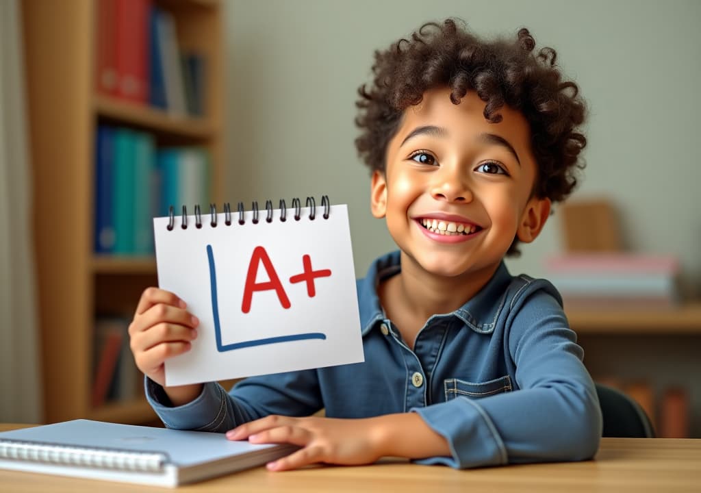  a happy computer holding a report card with a+ grades.