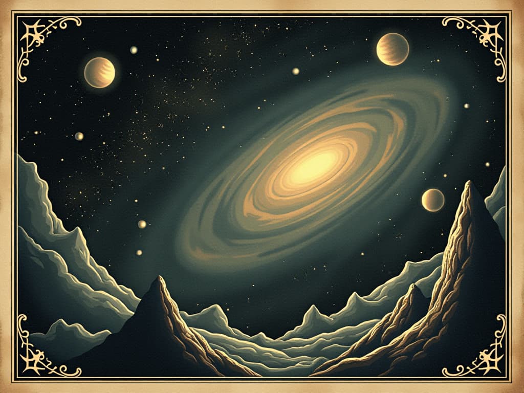  cosmic scene with celestial bodies, glowing nebula, sighing universe, stars twinkling, calming, relief, cosmic breath. an illustration in the style of a worn, mystical old tarot trump card, mysterious and elements of surrealism. the colors are muted, somber and eerie, but with contrast bring out an occult and esoteric vibe.