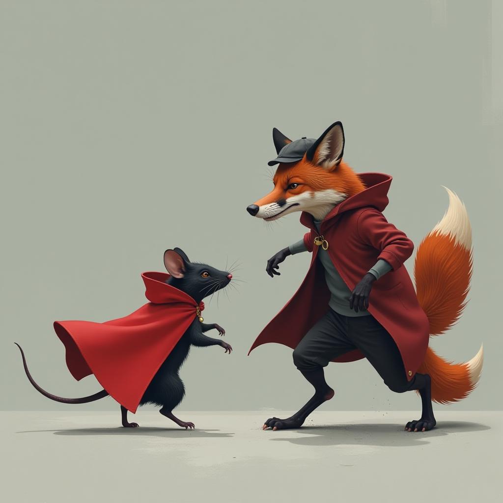  concept art gray background. vector image. a small black rat with a long thin tail in a red cape with a hood quickly escapes a red fox in a grey cap . digital artwork, illustrative, painterly, matte painting, highly detailed