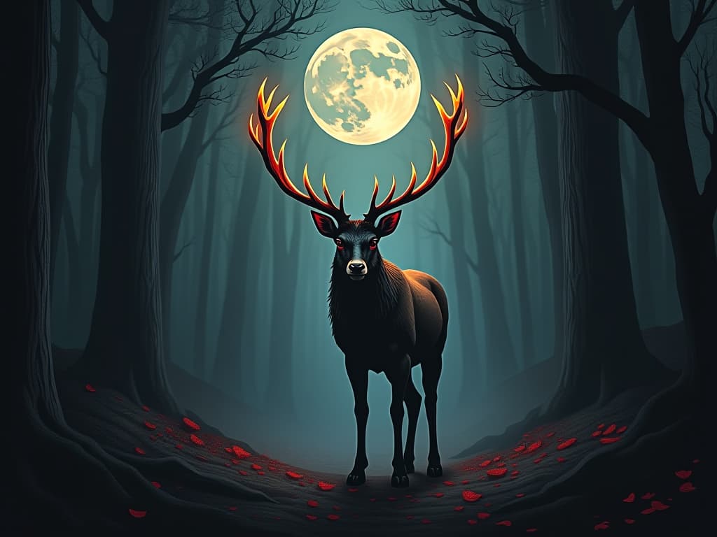  a majestic stag with glowing antlers in an enchanted forest, symbols of integrity and nobility around, moonlight casting dappled shadows, an aura of peace and honor.. the style is dark fantasy and mysterious occult, symbolic, moody lighting, esoteric vibe,high detail on character design. for the color scheme emphasize blacks and reds.