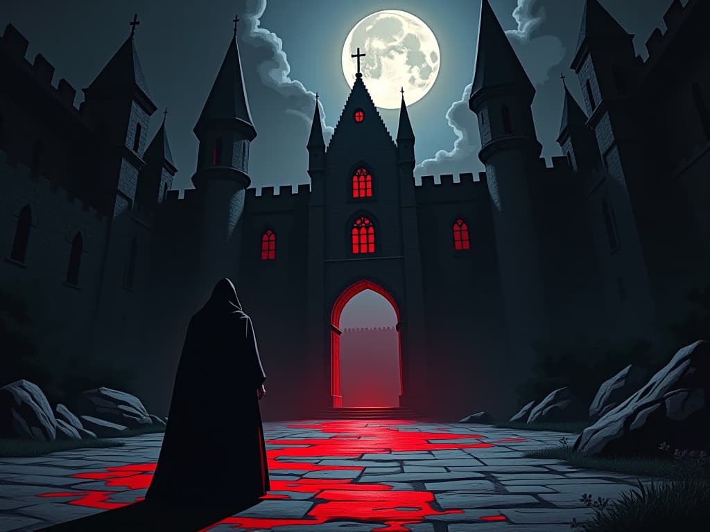  dark castle courtyard, robed figure in red pacing, moonlight creating shadows, atmosphere of introspection. the style is digital art illustration / modern comic book / graphic dark novel fantasy and mysterious occult, symbolic, moody lighting, esoteric vibe,high detail on character design. for the color scheme emphasize blacks and reds.