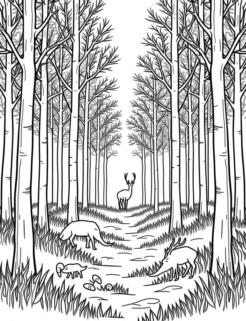  a forest scene with trees and animals in silhouette, black and white line art on a white background, for an adult coloring page.