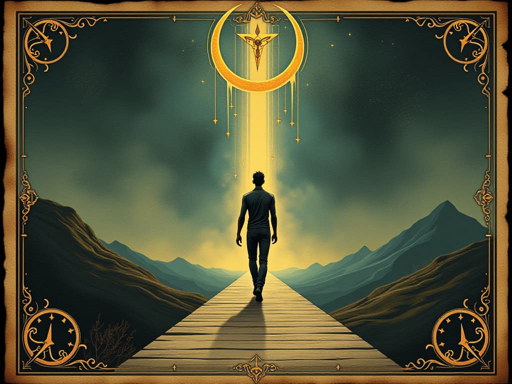  male figure walking forward on an illuminated path, light guiding the way, background filled with ethereal shapes and symbols, purposeful and resolute. an illustration in the style of a worn, mystical old tarot trump card, mysterious and elements of surrealism. the colors are muted, somber and eerie, but with contrast bring out an occult and esoteric vibe.