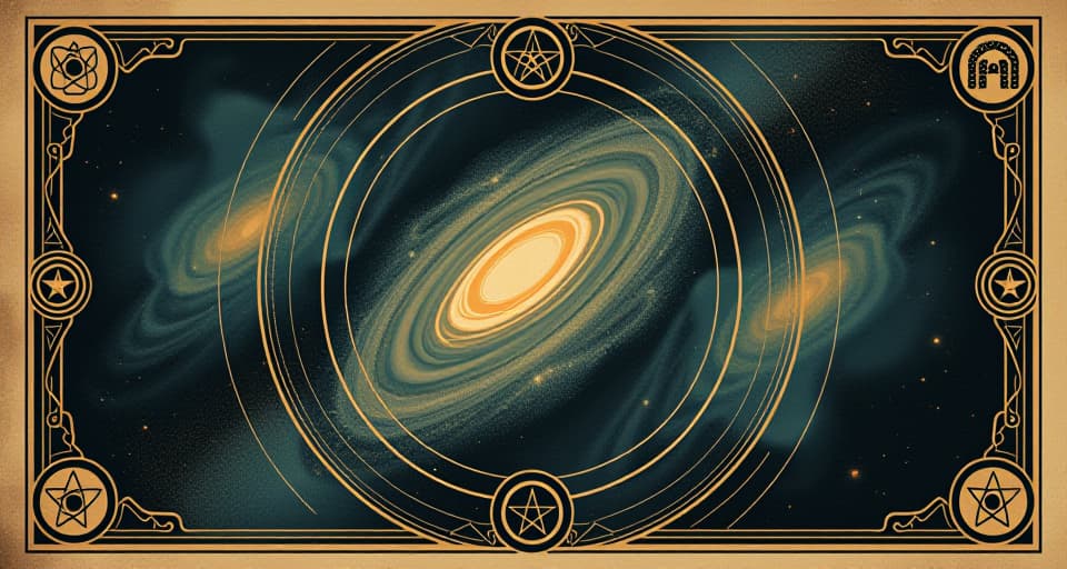  spiraling galaxies and concentric circles, superimposed on modern art and logos, harmonious blend, cosmic, interconnected. an illustration in the style of a worn, mystical old tarot trump card, mysterious and elements of surrealism. the colors are muted, somber and eerie, but with contrast bring out an occult and esoteric vibe.