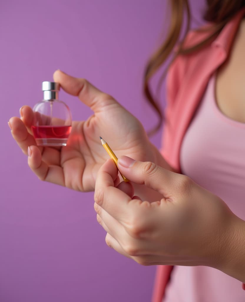  hdr photo of a woman applies a small amount of perfume on her wrist, hands, small pencil, applique, close up, on a lilac background . high dynamic range, vivid, rich details, clear shadows and highlights, realistic, intense, enhanced contrast, highly detailed